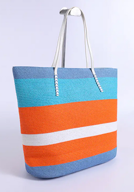 Izzy - Straw Tote, Blue & Orange stripe